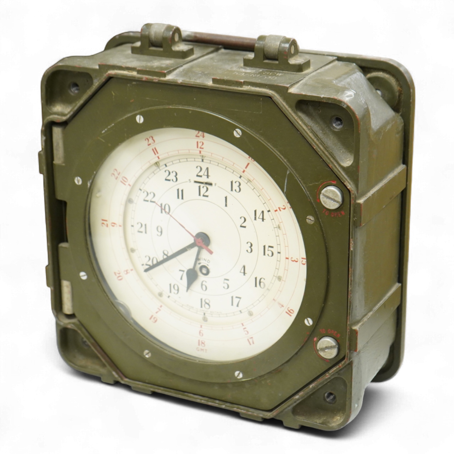 A British military Astral Smiths eight day signal clock, housed in a metal alloy case with detachable cover, 29 x 29 x 12cm